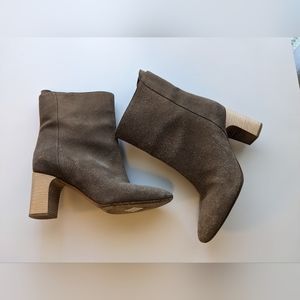 Chloe gray suede wooden heel booties.